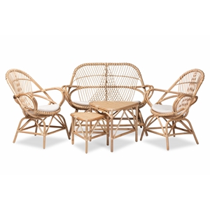 Baxton Studio Jayden Modern White Fabric and Brown Rattan 5-Pc Living Room Set