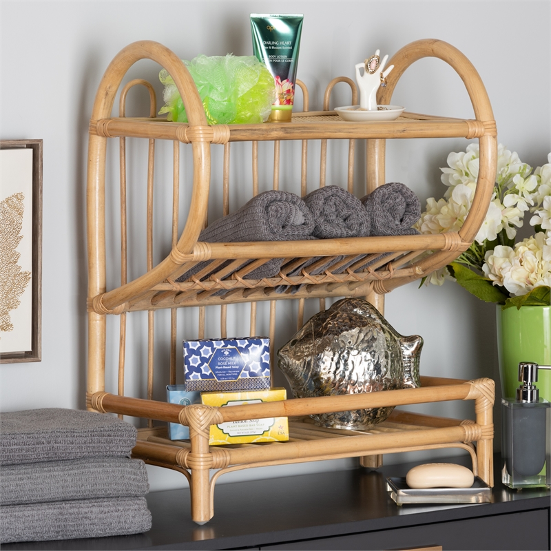 Baxton Studio Liora Modern Bohemian Brown Finished Rattan 2-Tier Display Shelf