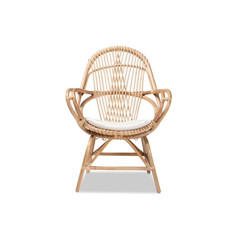 Baxton Studio Jayden Modern Bohemian White Fabri and Brown Rattan Accent Chair