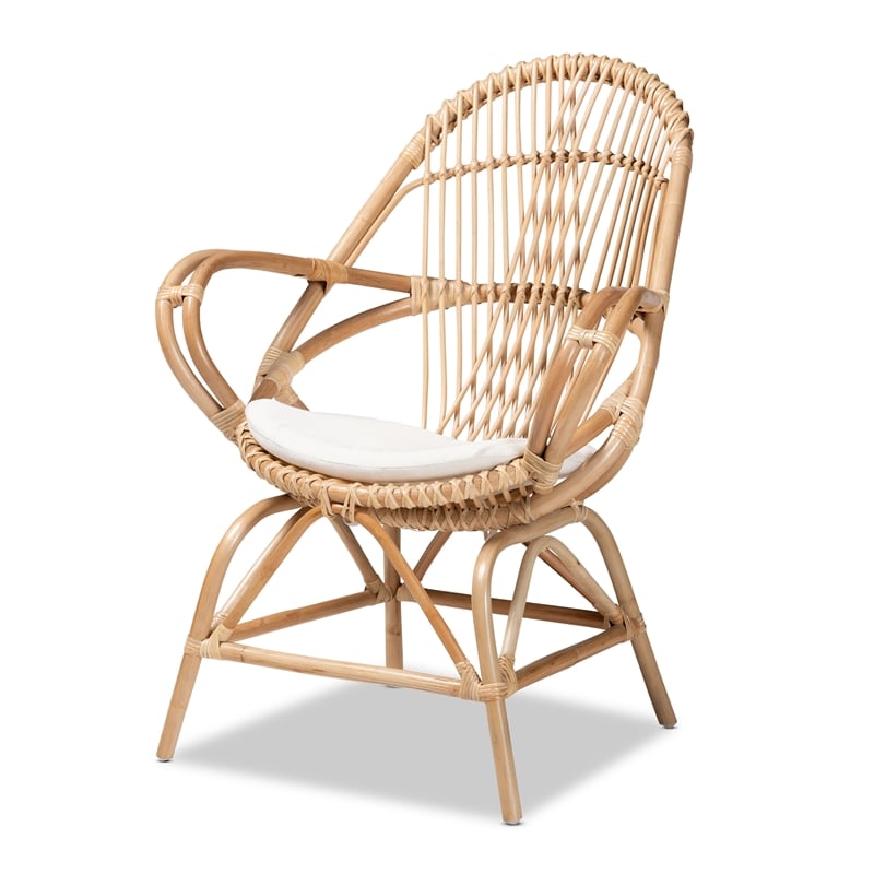 Baxton Studio Jayden Modern Bohemian White Fabri and Brown Rattan Accent Chair