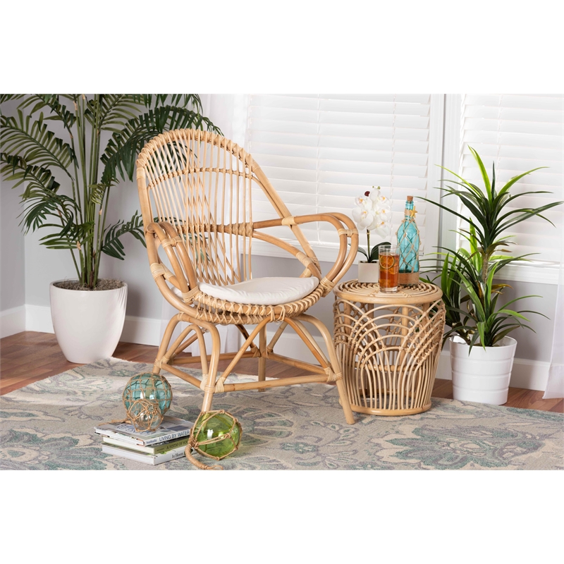 Baxton Studio Jayden Modern Bohemian White Fabri and Brown Rattan Accent Chair