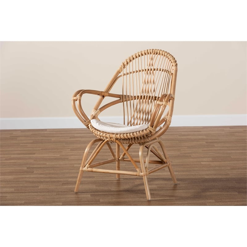 Baxton Studio Jayden Modern Bohemian White Fabri and Brown Rattan Accent Chair