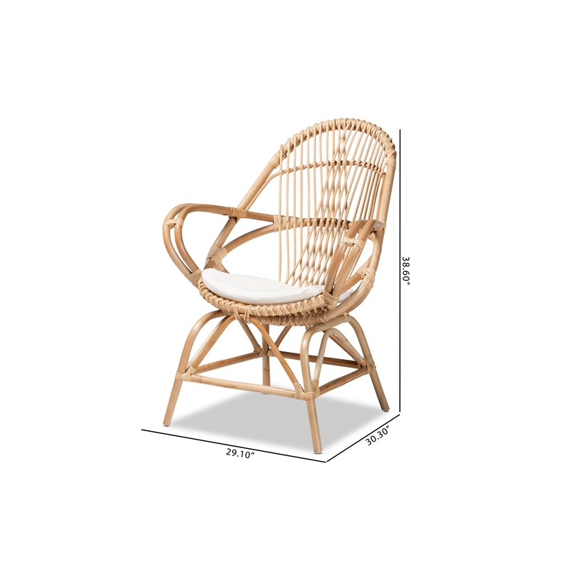 Baxton Studio Jayden Modern Bohemian White Fabri and Brown Rattan Accent Chair