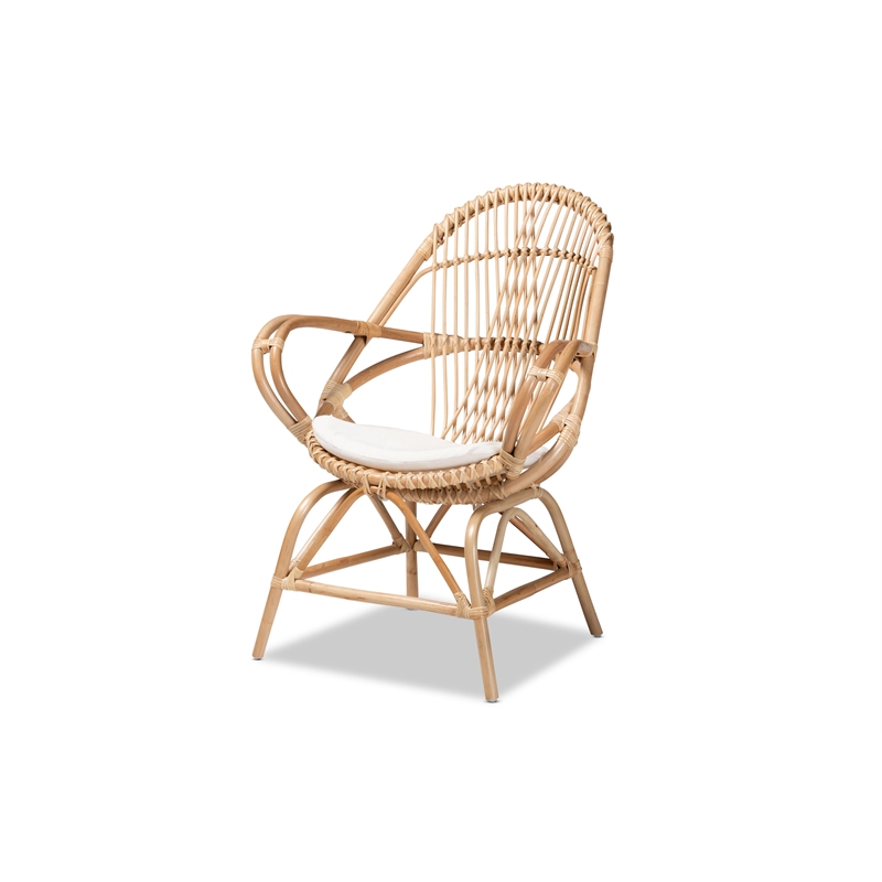 Baxton Studio Jayden Modern Bohemian White Fabri and Brown Rattan Accent Chair