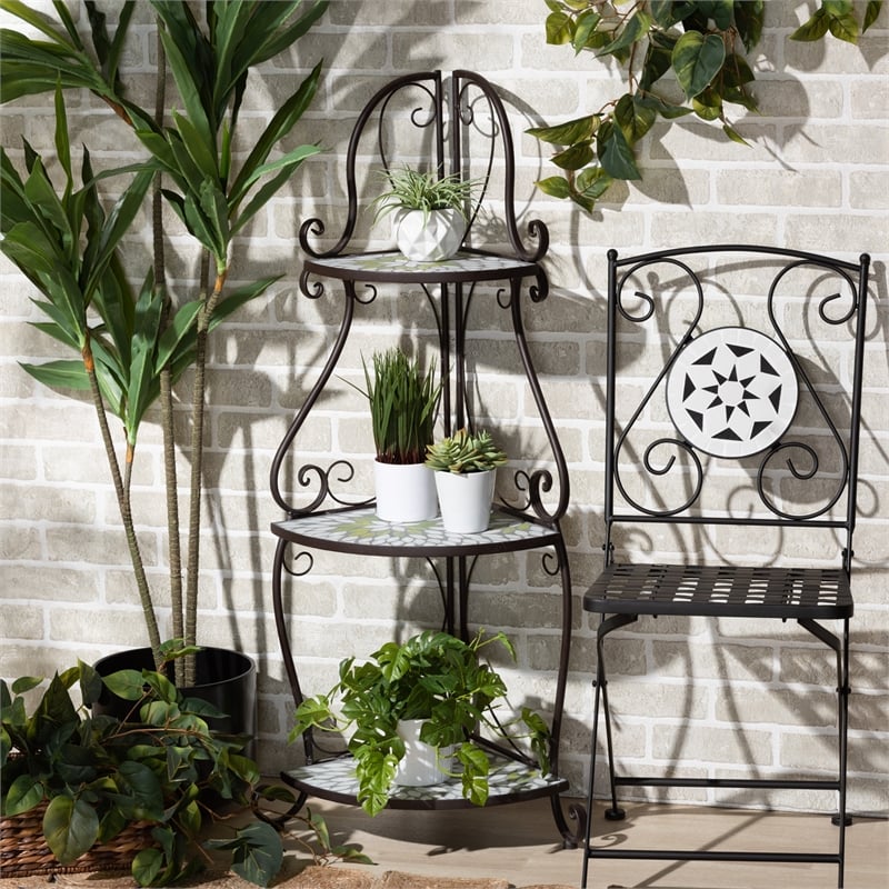 Baxton Studio Airell Contemporary Glass and Black Metal 3-Tier Plant Stand