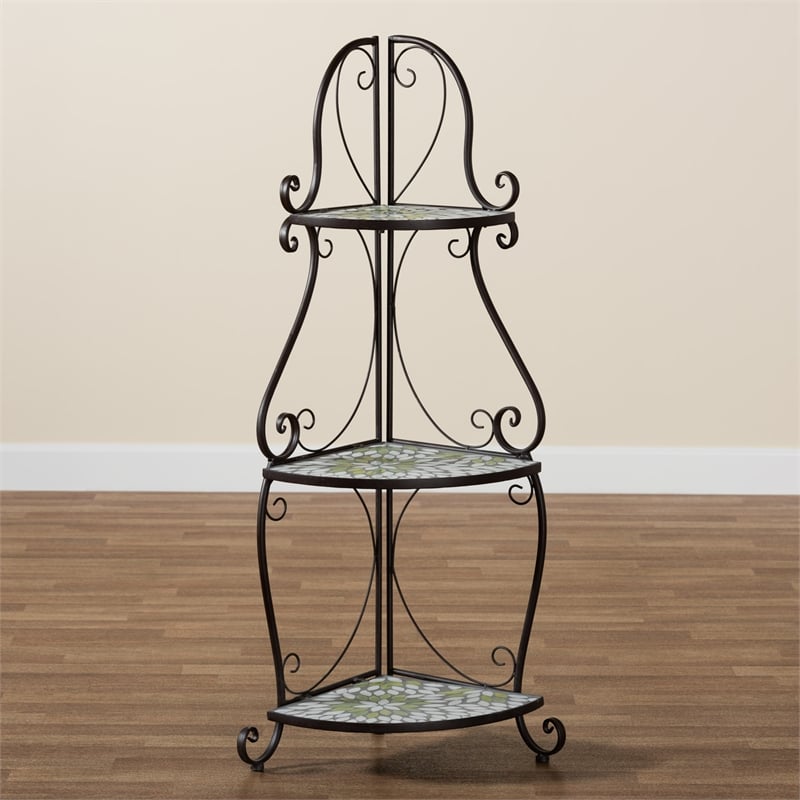 Baxton Studio Airell Contemporary Glass and Black Metal 3-Tier Plant Stand