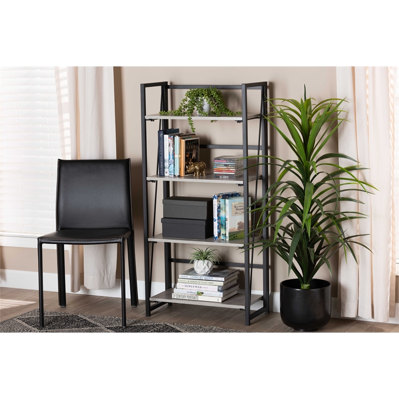 Baxton Studio Lakota Industrial Grey Wood and Black Metal 4-Tier Display Shelf