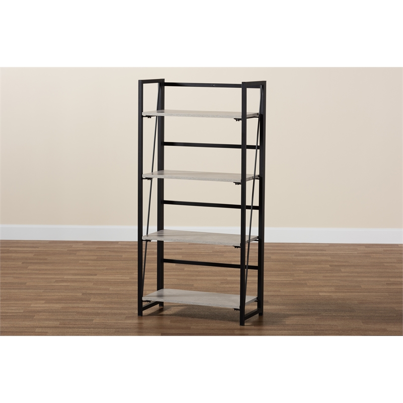 Baxton Studio Lakota Industrial Grey Wood and Black Metal 4-Tier Display Shelf