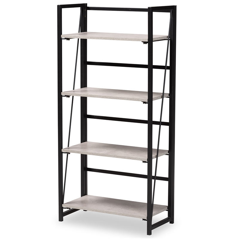 Baxton Studio Lakota Industrial Grey Wood and Black Metal 4-Tier Display Shelf