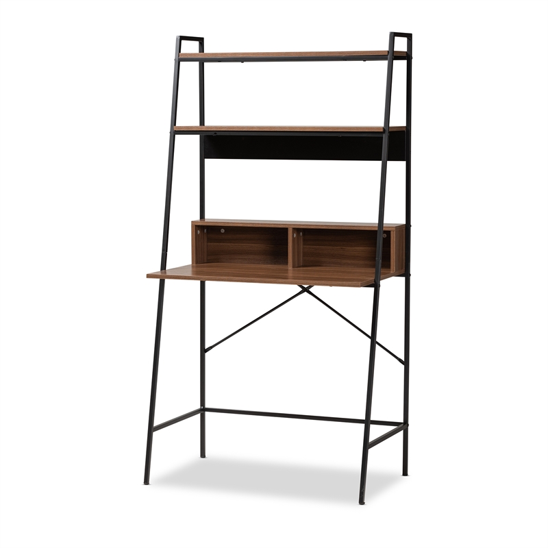 Baxton Studio Palmira Modern Brown  Wood and Black Metal Desk with Shelves