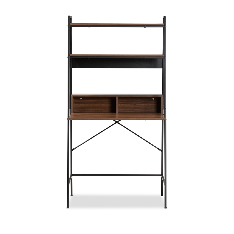 Baxton Studio Palmira Modern Brown  Wood and Black Metal Desk with Shelves