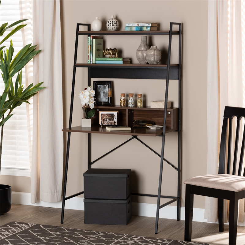 Baxton Studio Palmira Modern Brown  Wood and Black Metal Desk with Shelves