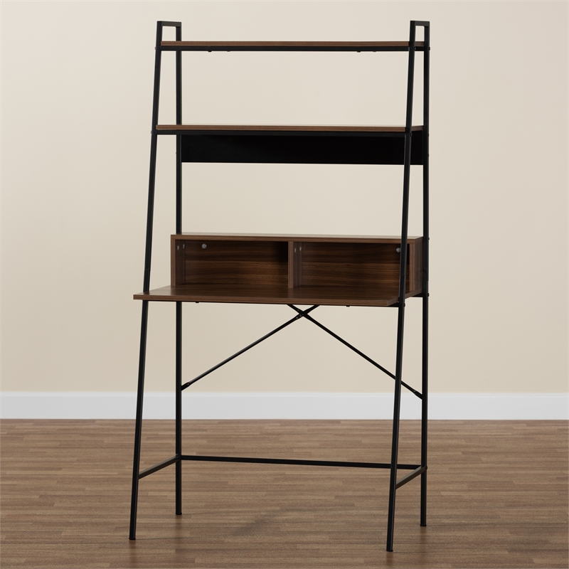 Baxton Studio Palmira Modern Brown  Wood and Black Metal Desk with Shelves