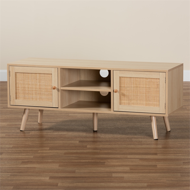 Baxton Studio Sebille Light Brown  Wood 2-Door TV Stand with Natural Rattan