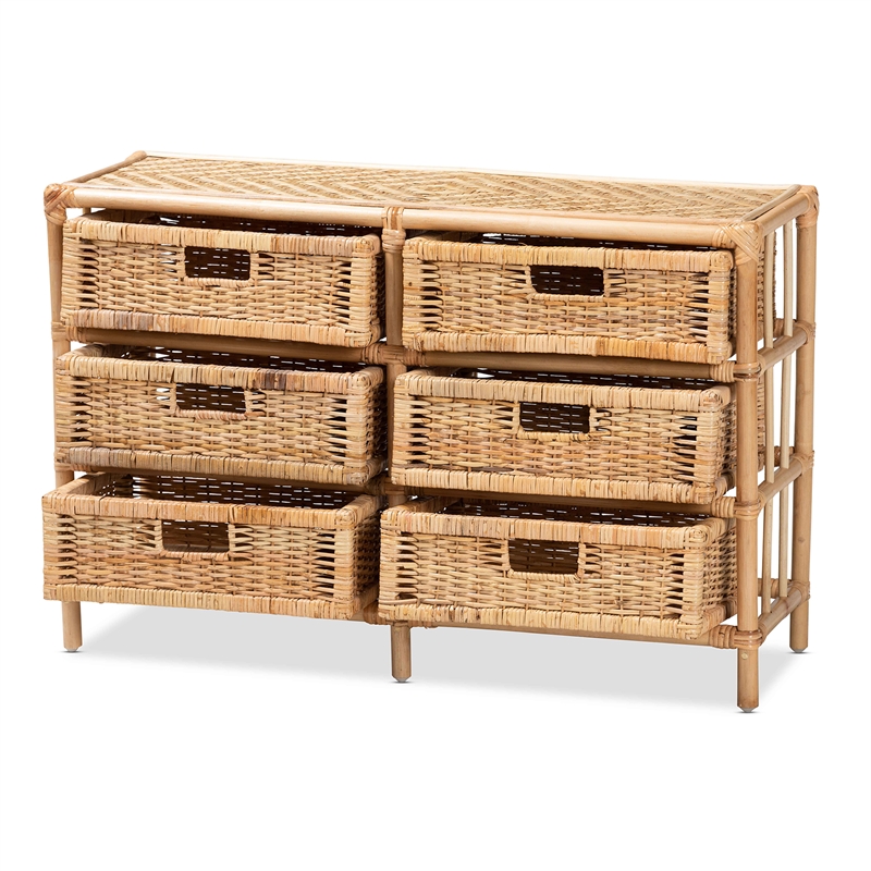 Baxton Studio Dariana Modern  Natural Brown Rattan 6-Drawer Storage Cabinet
