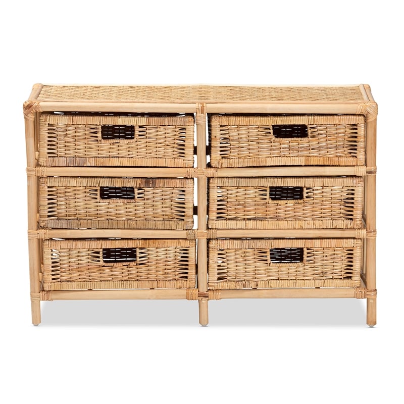 Baxton Studio Dariana Modern  Natural Brown Rattan 6-Drawer Storage Cabinet