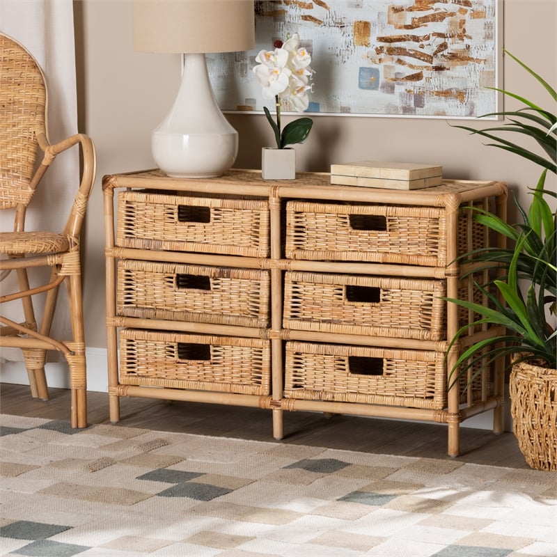 Baxton Studio Dariana Modern  Natural Brown Rattan 6-Drawer Storage Cabinet