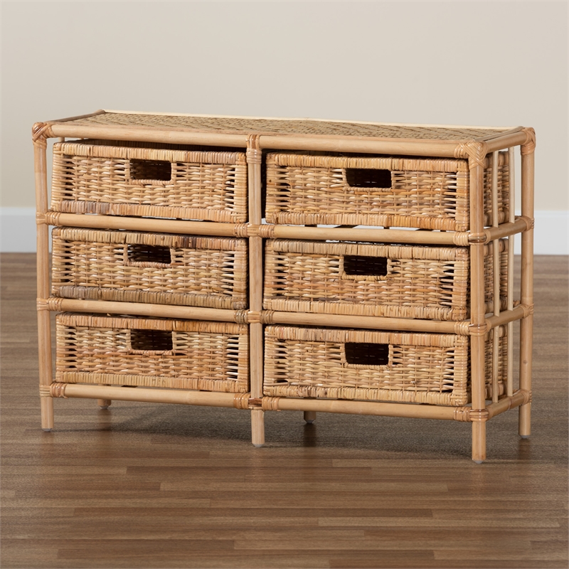 Baxton Studio Dariana Modern  Natural Brown Rattan 6-Drawer Storage Cabinet