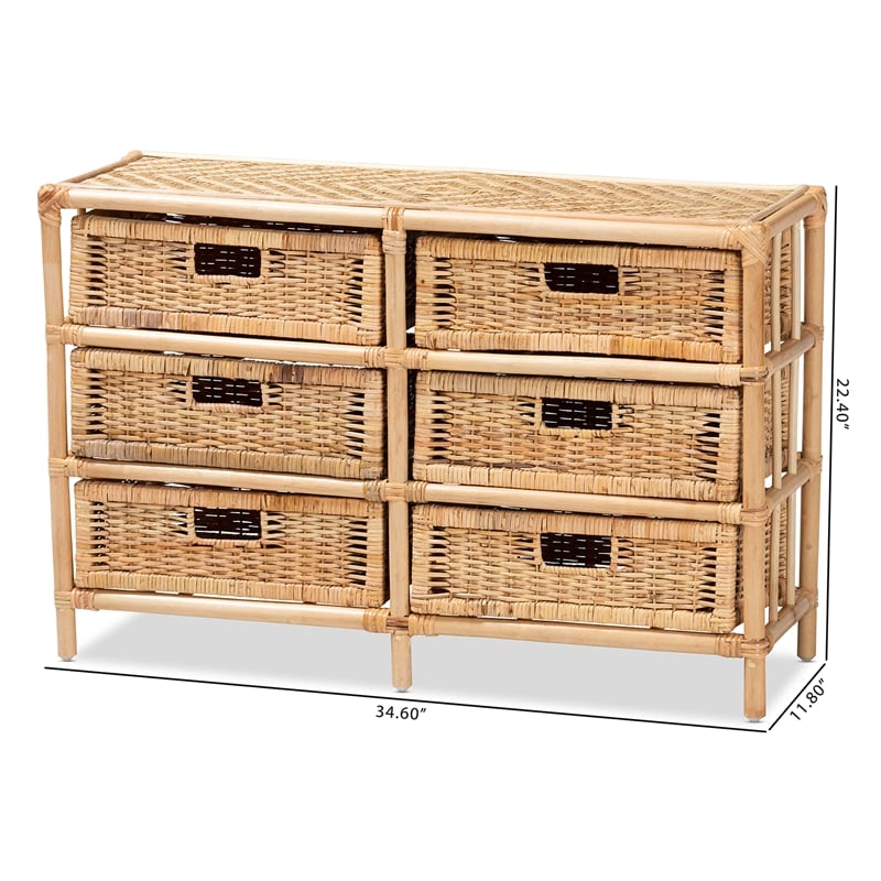 Baxton Studio Dariana Modern  Natural Brown Rattan 6-Drawer Storage Cabinet