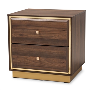 baxton studio cormac transitional walnut wood and gold metal 2-drawer nightstand