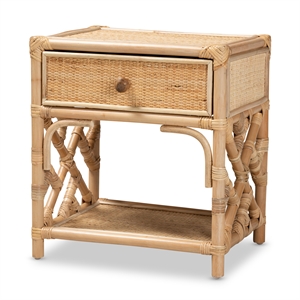 baxton studio camara modern bohemian natural brown rattan 1-drawer nightstand