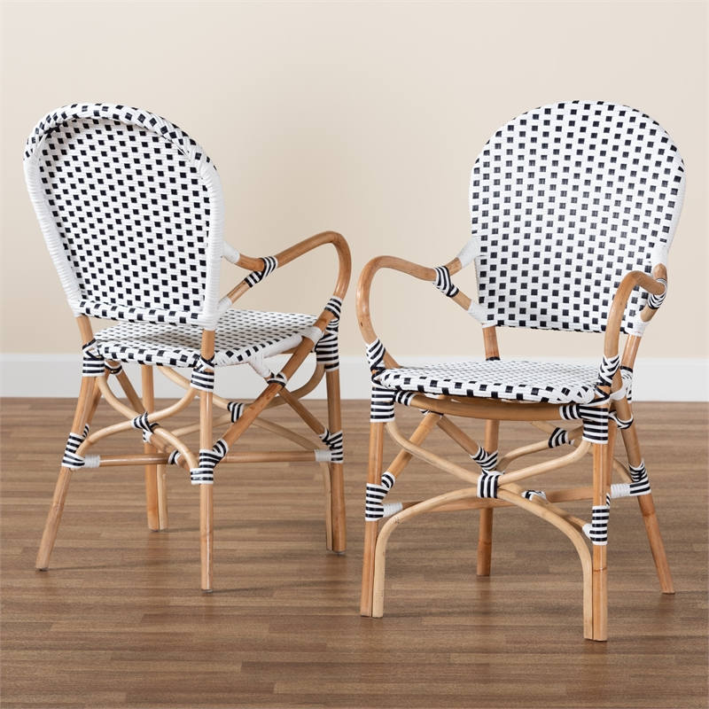 Baxton Studio Naila Black and White Weaving and Rattan 2-Piece Dining Chair Set