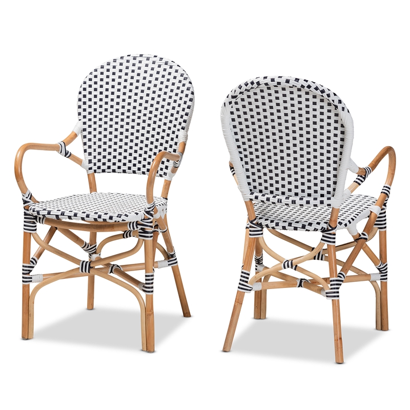 Baxton Studio Naila Black and White Weaving and Rattan 2-Piece Dining Chair Set