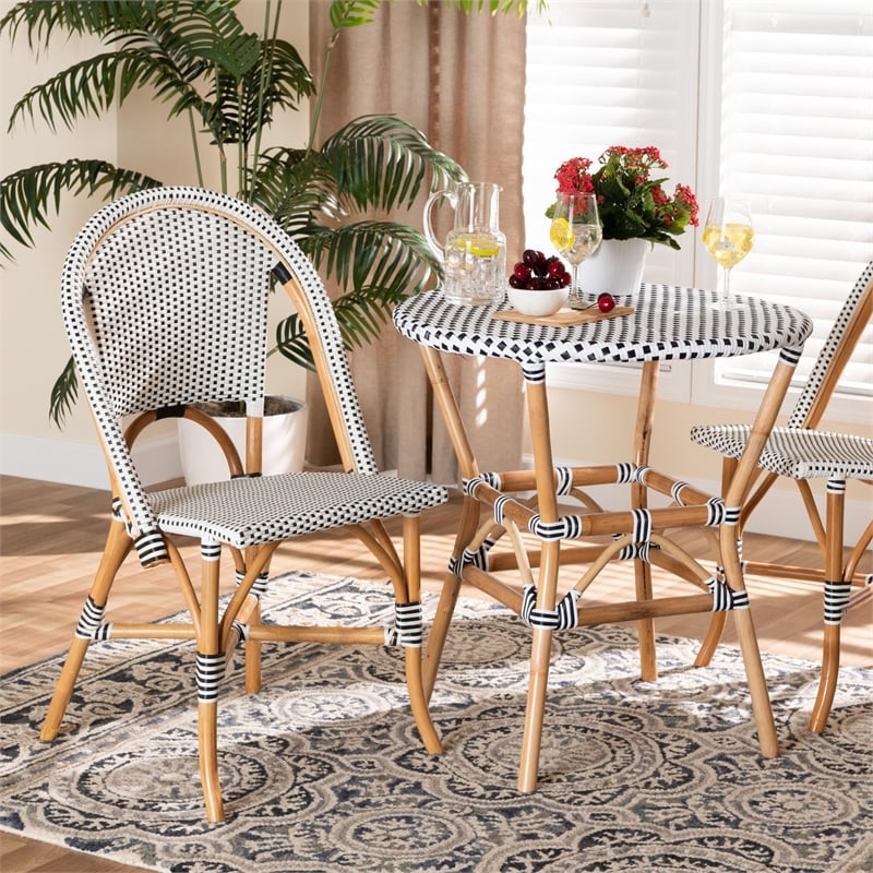 Baxton Studio Genica Brown Rattan Dining Chair in Black/White Weaving