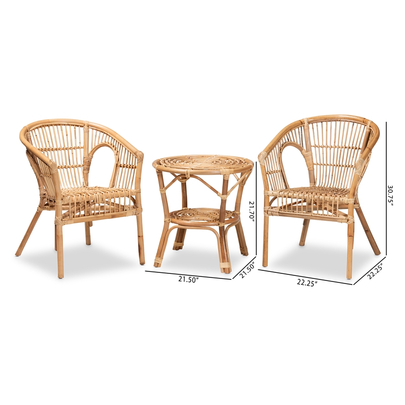 Baxton Studio Alleta Modern Natural Brown Rattan 3-Piece Living Room Set