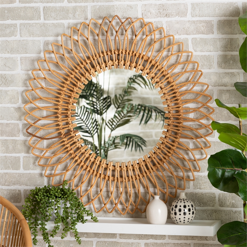 Baxton Studio Bora Modern Bohemian Natural Brown Rattan Accent Wall Mirror