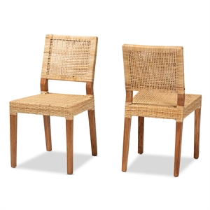 baxton studio lesia modern brown rattan and brown wood 2-piece dining chair set