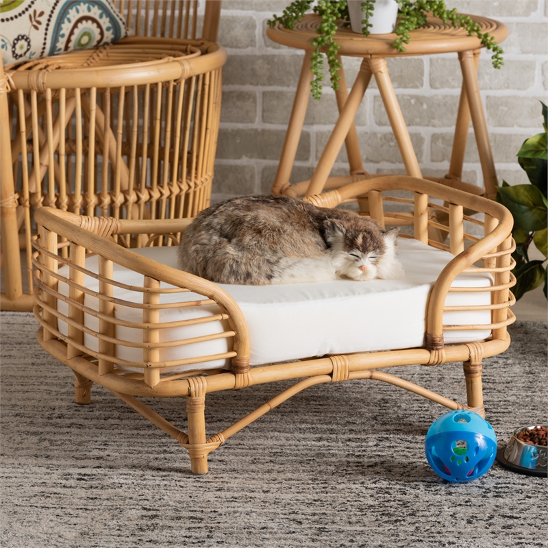Baxton Studio Malino Modern Bohemian  Natural Brown Rattan Pet Bed with Cushion
