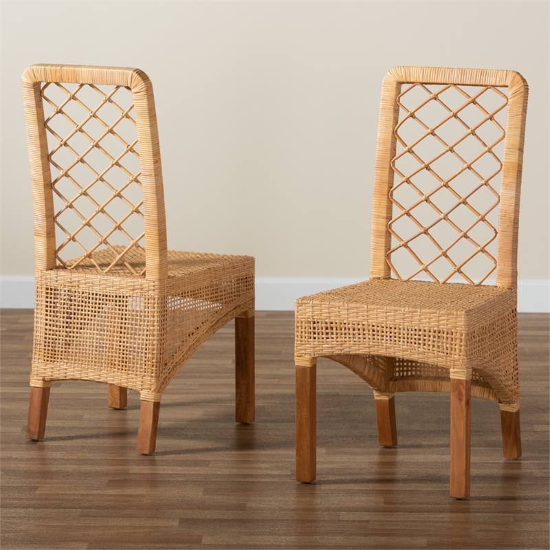 Baxton Studio Moscow Modern Brown Rattan and Brown Wood 2-Piece Dining Chair Set