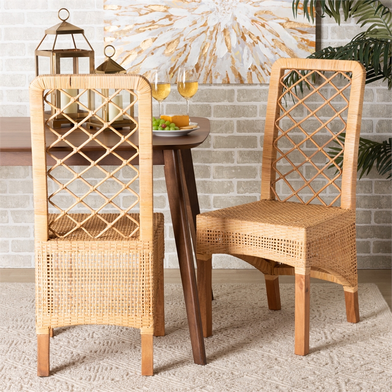 Baxton Studio Moscow Modern Brown Rattan and Brown Wood 2-Piece Dining Chair Set