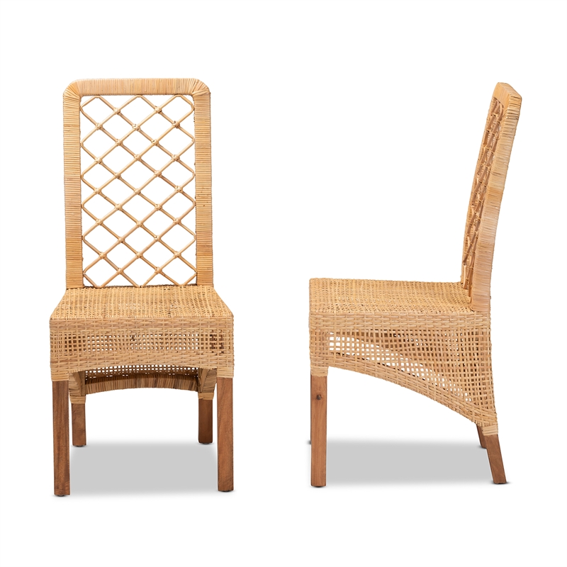 Baxton Studio Moscow Modern Brown Rattan and Brown Wood 2-Piece Dining Chair Set