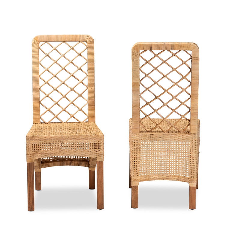 Baxton Studio Moscow Modern Brown Rattan and Brown Wood 2-Piece Dining Chair Set