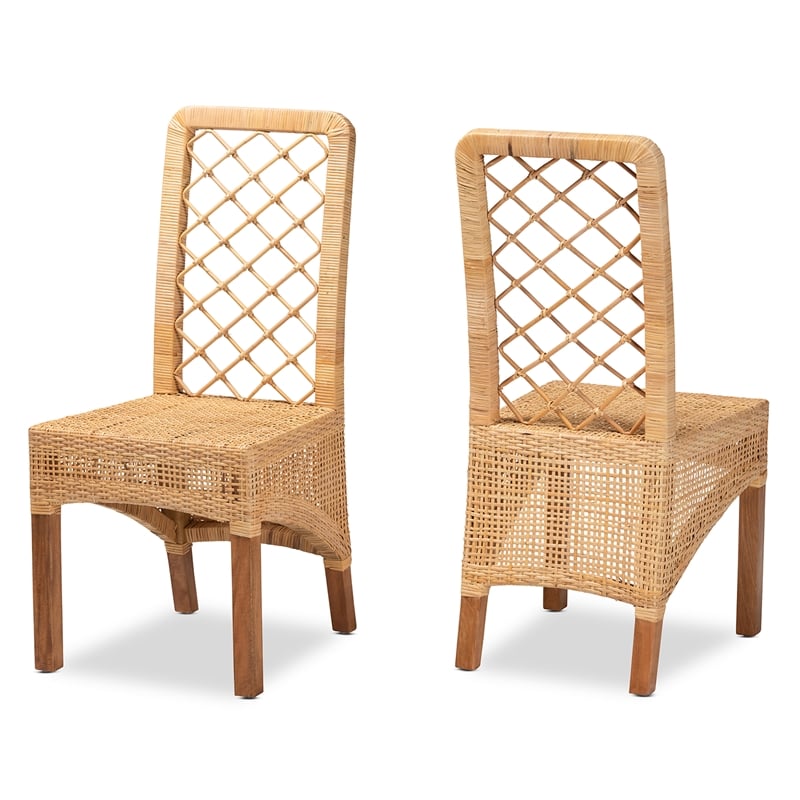 Baxton Studio Moscow Modern Brown Rattan and Brown Wood 2-Piece Dining Chair Set