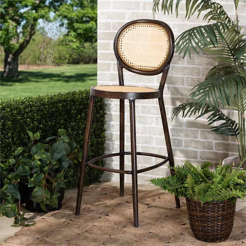 Baxton Studio Thalia Modern Dark Brown Metal and Rattan Outdoor Bar Stool