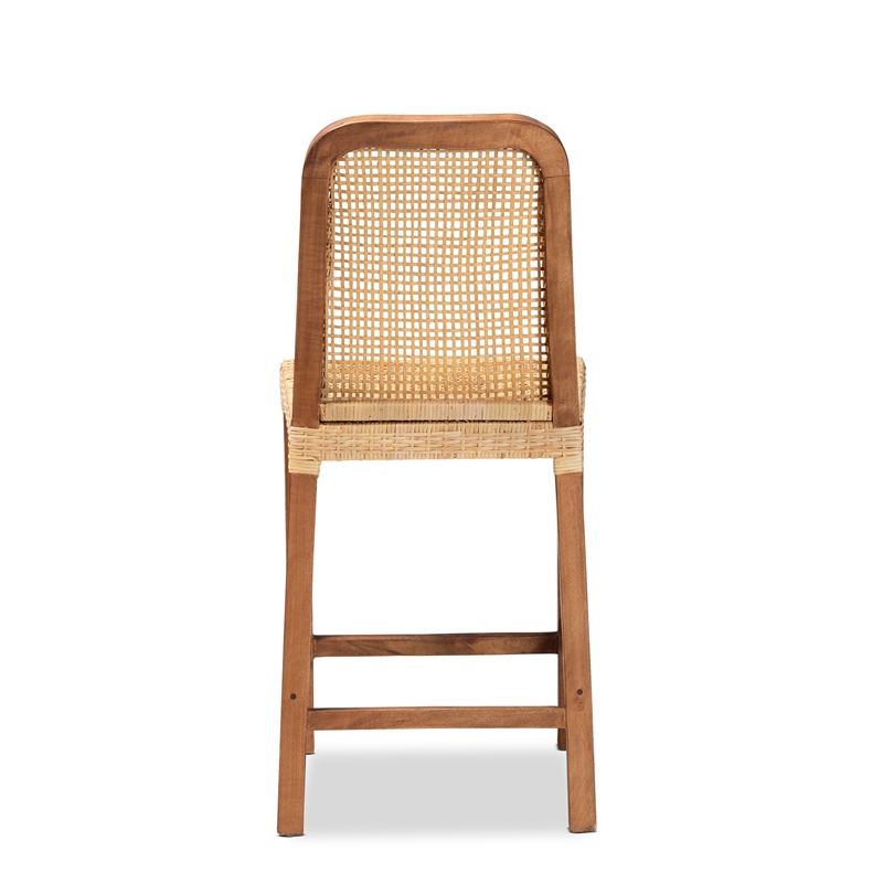 Baxton Studio Caspia Walnut Brown Finished Wood and Natural Rattan Counter Stool