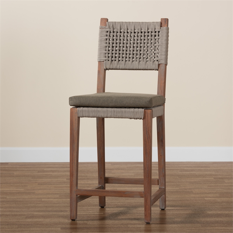 Baxton Studio Heyna Transitional Gray Woven Rope Mahogany Counter Stool