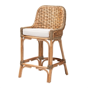 Baxton Studio Kyle Natural Brown Woven Rattan Counter Stool with Cushion
