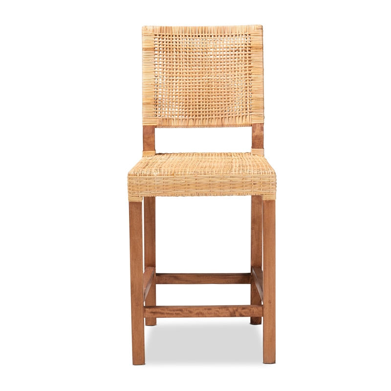 Baxton Studio Lesia Brown Rattan and Walnut Brown Finished Wood Counter Stool