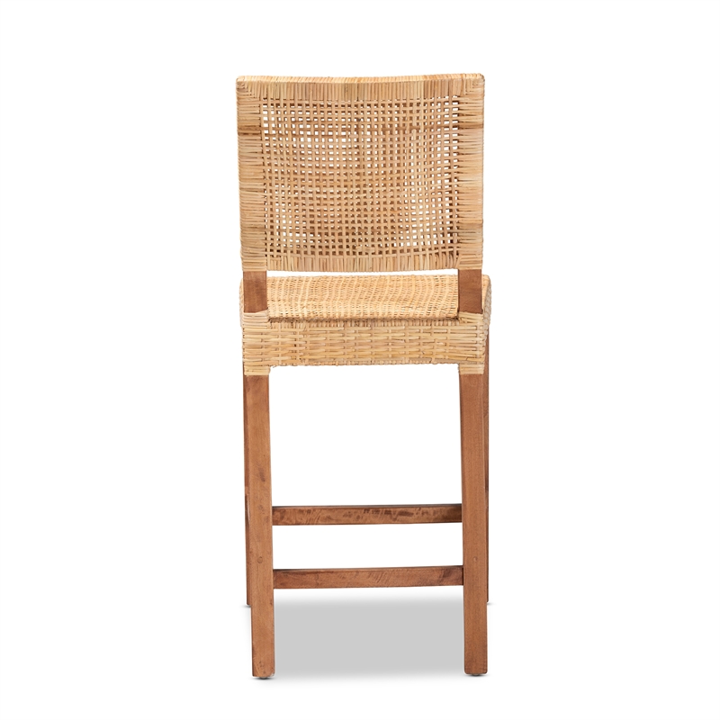 Baxton Studio Lesia Brown Rattan and Walnut Brown Finished Wood Counter Stool