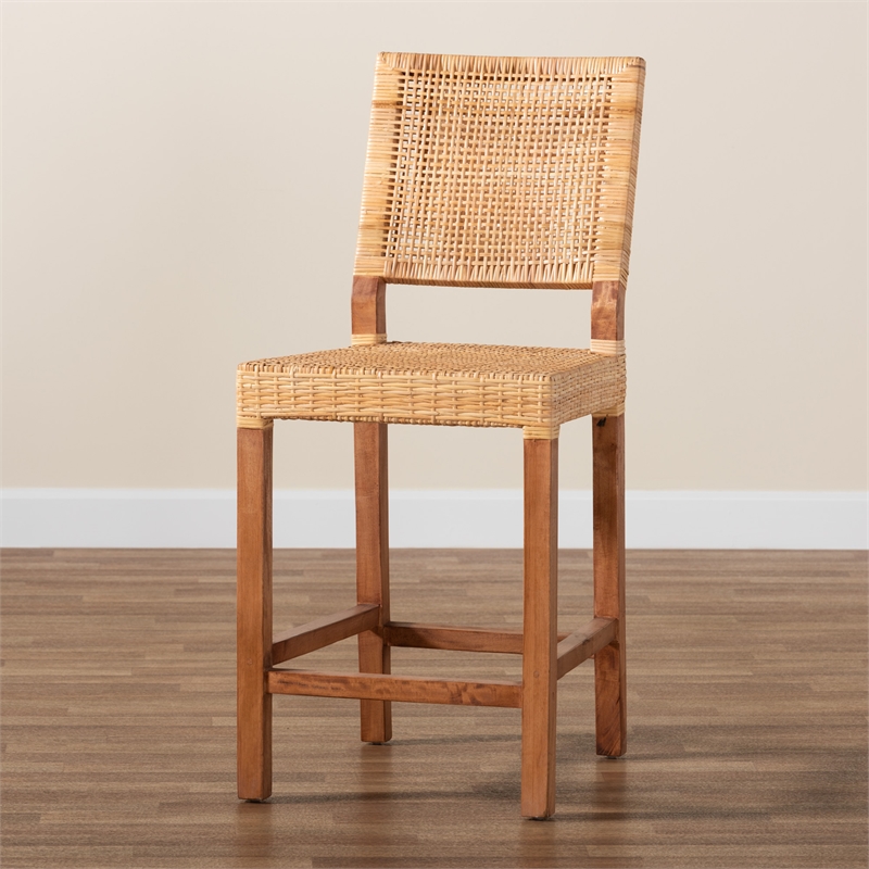 Baxton Studio Lesia Brown Rattan and Walnut Brown Finished Wood Counter Stool