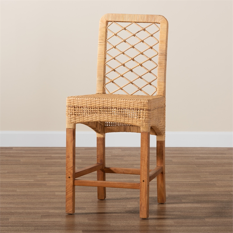 Baxton Studio Moscow Brown Rattan and Walnut Brown Finished Wood Counter Stool