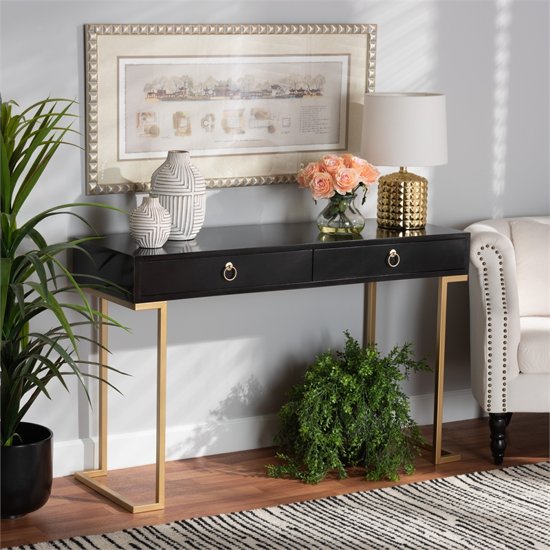 Baxton Studio Beagan Black Finished Wood and Gold Metal 2-Drawer Console Table