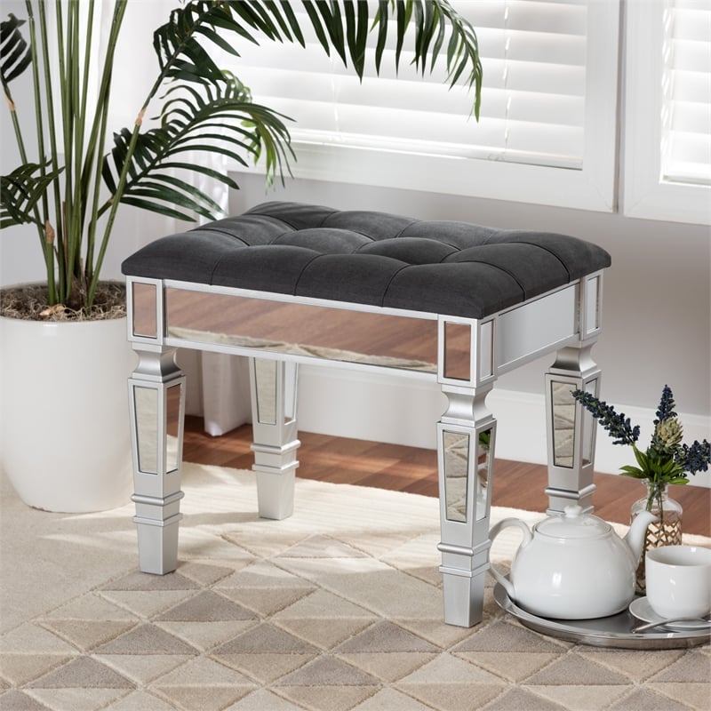 Baxton Studio Hedia Gray Fabric Upholstered and Silver Wood Ottoman