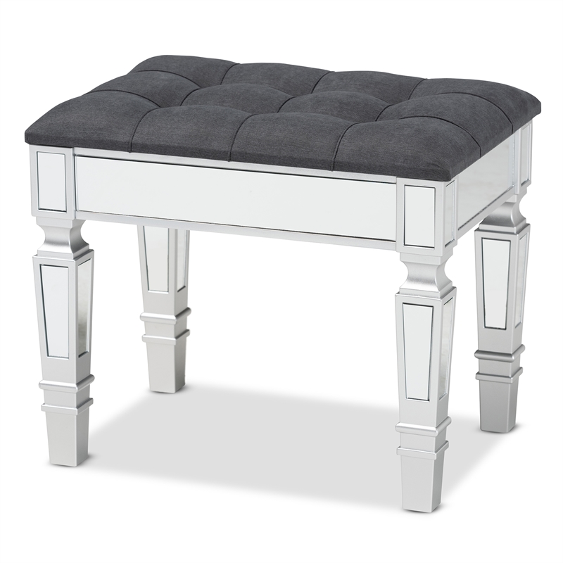 Baxton Studio Hedia Gray Fabric Upholstered and Silver Wood Ottoman