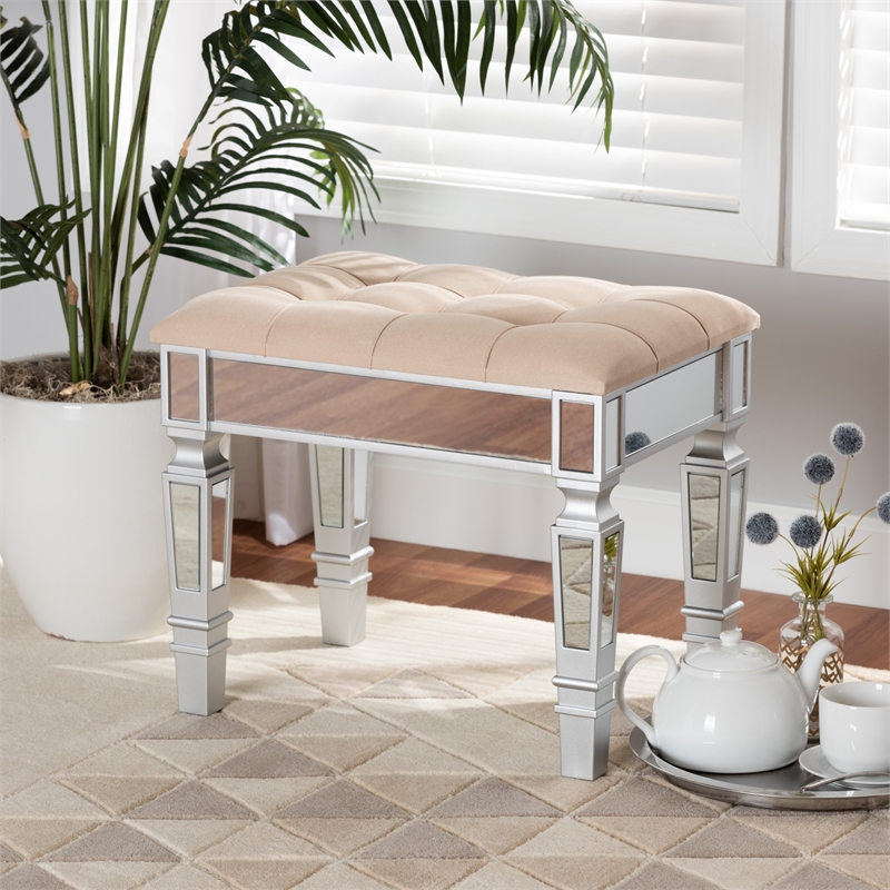 Baxton Studio Hedia Beige Fabric Upholstered and Silver Finished Wood Ottoman