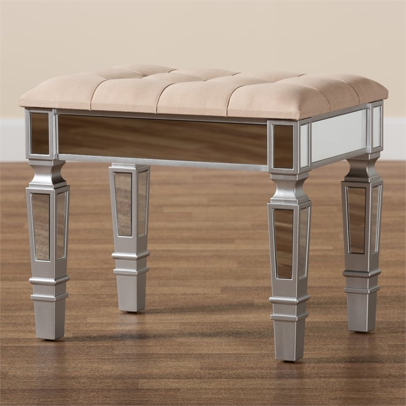 Baxton Studio Hedia Beige Fabric Upholstered and Silver Finished Wood Ottoman